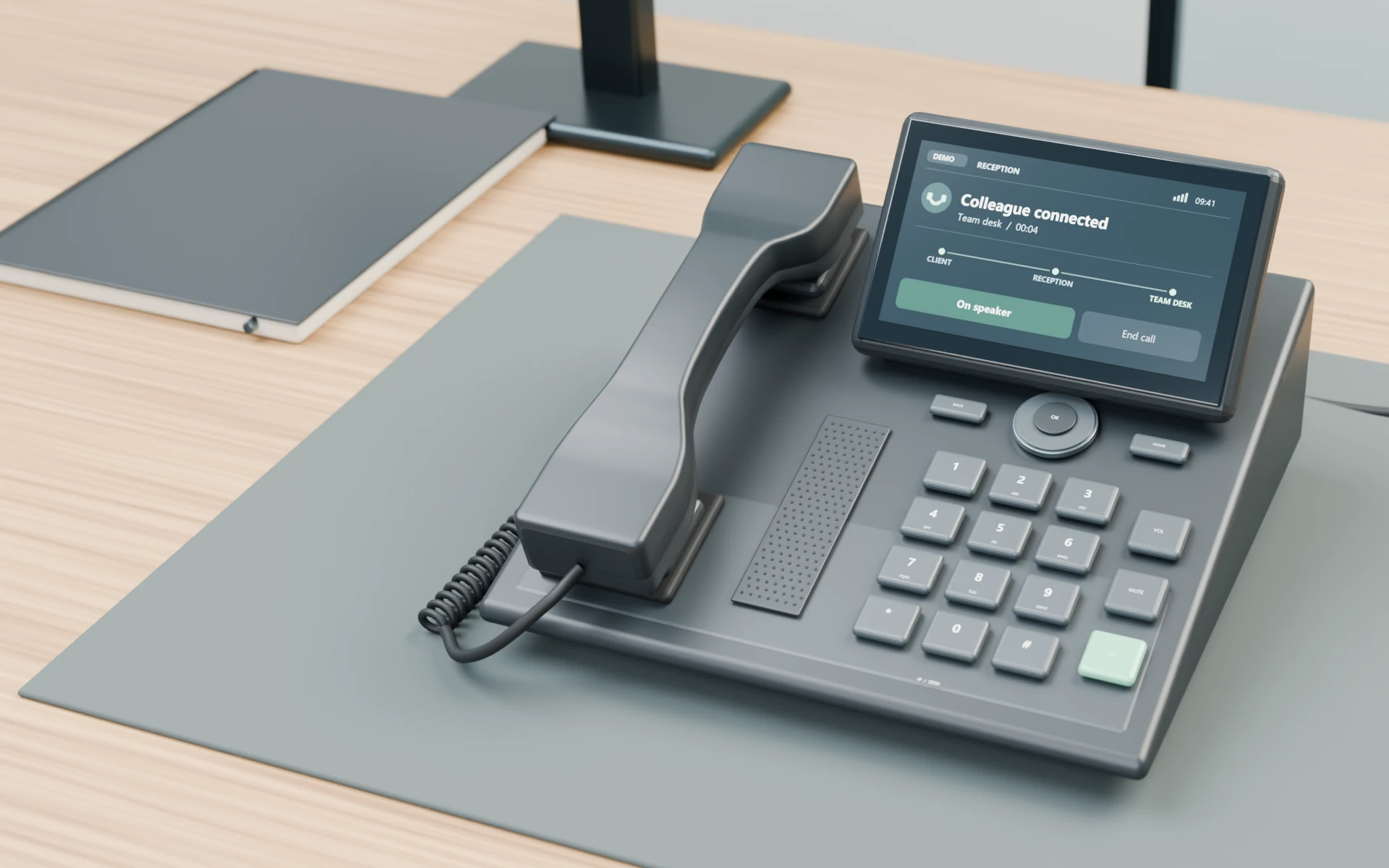 Illustrative 3D desk phone with a demonstration call routed from reception to a team desk